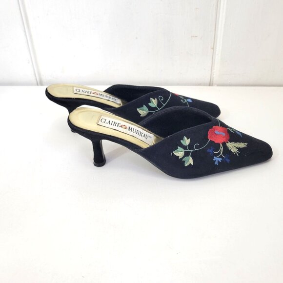 Claire Murray Provence Floral Embroidered Floral Black Mules Heels Women's Shoe - Picture 4 of 7